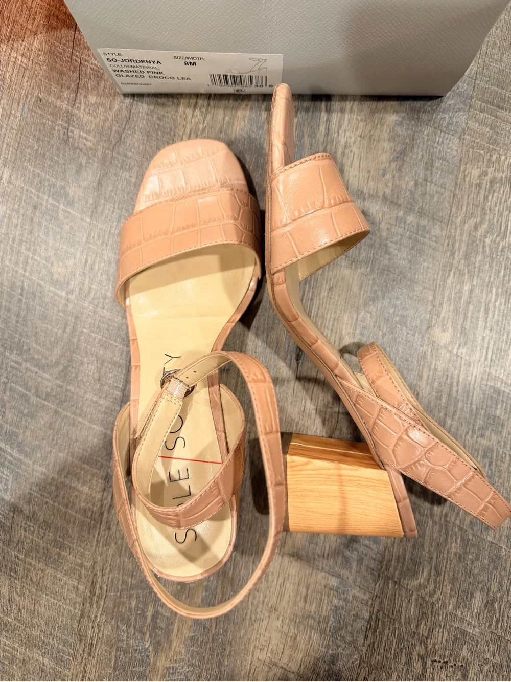 SOLE SOCIETY Blush Croc-Embossed Strappy Block Heel Sandals